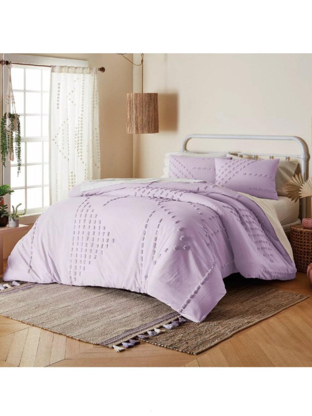 new 3-pc QUEEN Wild Sage Michaela Tufted Triangles Duvet Cover Set IRIS LAVENDER